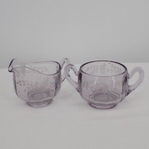 Etched Lavender Ribbed Glass Creamer Sugar Bowl Set Vintage Daisy Vine Footed